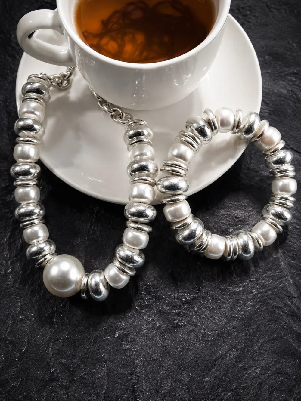 Silver Pearl Beaded Necklace and Bracelet Set